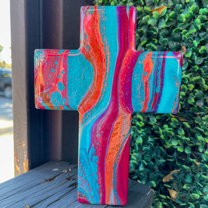 Acrylic Flow Painted Wood Cross Unique Wall Décor in Teal Magenta and Burnt Orange