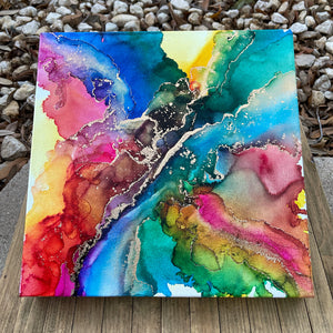 Alcohol Ink Painting on Canvas: Golden Yellow, Snapdragon Pink & Cobalt