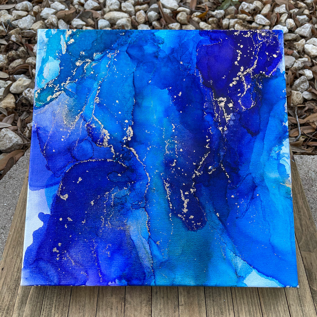 Alcohol Ink Painting on Canvas: Sapphire Blue, Baja Blue & Blue