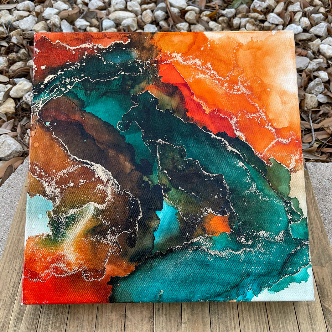 Alcohol Ink Painting on Canvas: Teal & Tangerine